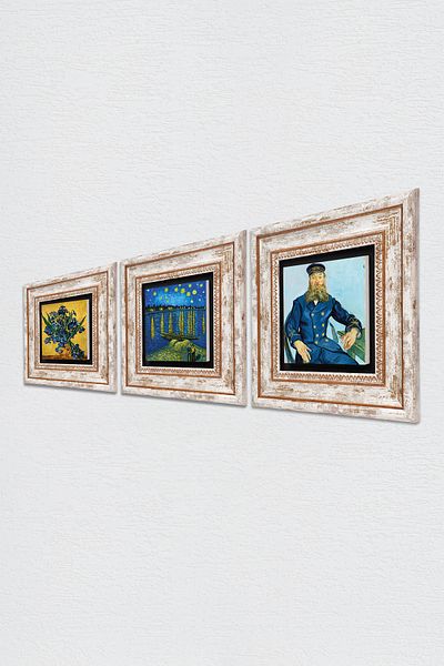 Pinecone Pictură pe perete cu piatră Van Gogh Decor de perete înrămat Set de pictură din 3 piese Artă de perete Tk3-514
