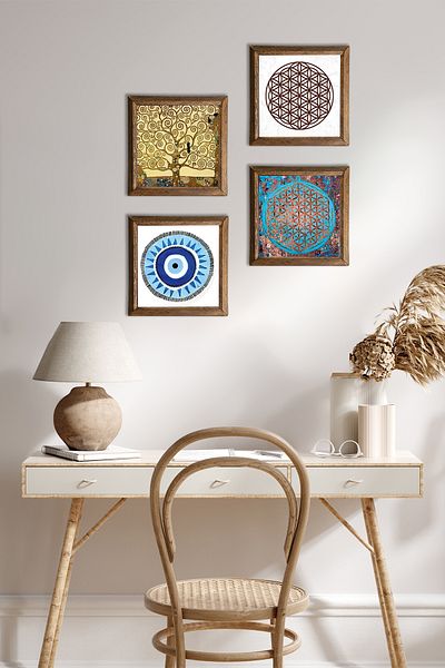 Pinecone Evil Eye, Floarea Vieții, Gustav Klimt Arborele Vieții Pictură pe perete din piatră Decor de perete cu rame din lemn