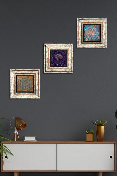 Pinecone Tree of Life, Flower of Life Stone Wall Painting Framed Wall Decor 3 Piece Painting Set Tk3-1773