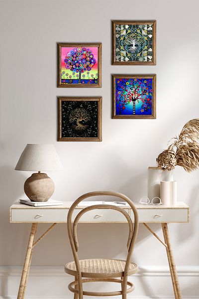 Pinecone Tree of Life Stone Wall Painting Wood Framed Wall Decor 4 Piece Painting Set Wall Art W4-660