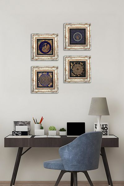 Pinecone Evil Eye, Sri Yantra, Păun, Floarea Vieții Pictură pe perete din piatră Decor de perete înrămat Set de 4 picturi