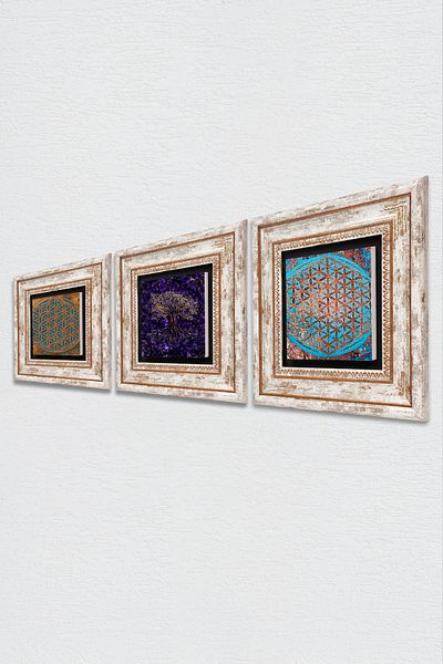 Pinecone Tree of Life, Flower of Life Stone Wall Painting Framed Wall Decor 3 Piece Painting Set Tk3-1773
