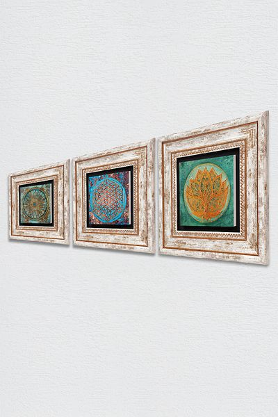 Pinecone Λουλούδι Lotus, Flower of Life Stone Wall Painting Πλαίσιο Διακόσμηση τοίχου 3 τεμαχίων Σετ ζωγραφικής Tk3-41