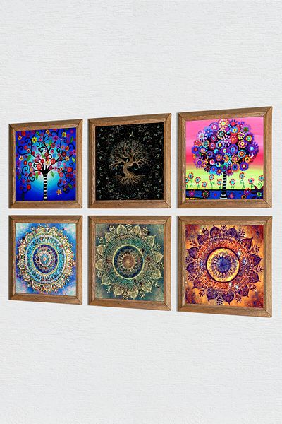 Pinecone Mandala, Tree of Life Stone Wall Painting Wooden Framed Wall Decor 6 Piece Painting Set Wall Art