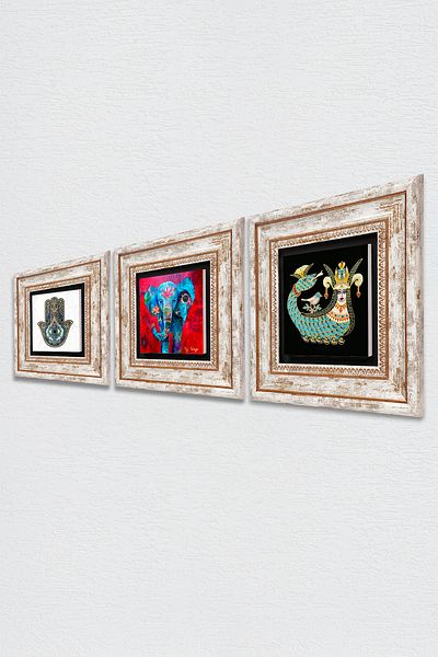 Pinecone Elefant, Şahmeran, Fatma Ana Hand (HAMSA) Pictură pe perete cu pietre Decoraţie de perete înrămată Set 3 piese Artă de perete