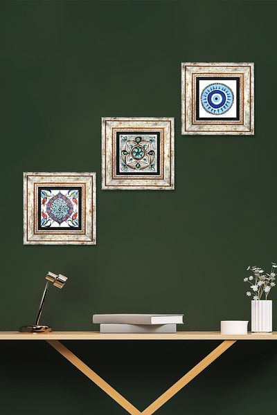 Pinecone Evil Eye, Tile Art Stone Wall Painting Framed Wall Decor 3 Piece Painting Set Wall Art Tk3-195