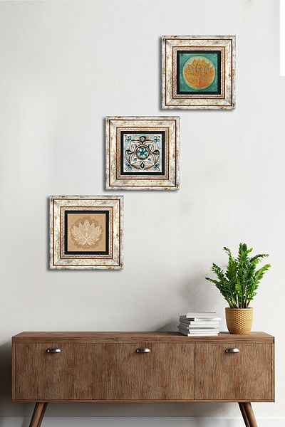 Pinecone Lotus Flower, Tile Art Stone Wall Painting Framed Wall Decor 3 Piece Painting Set Wall Art
