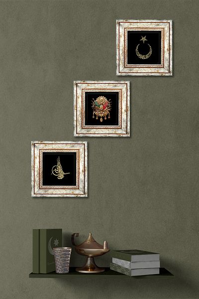 Pinecone Tughra otomană, Moon Star Stone Pictură murală înrămată Decor de perete Set de pictură din 3 piese Artă de perete