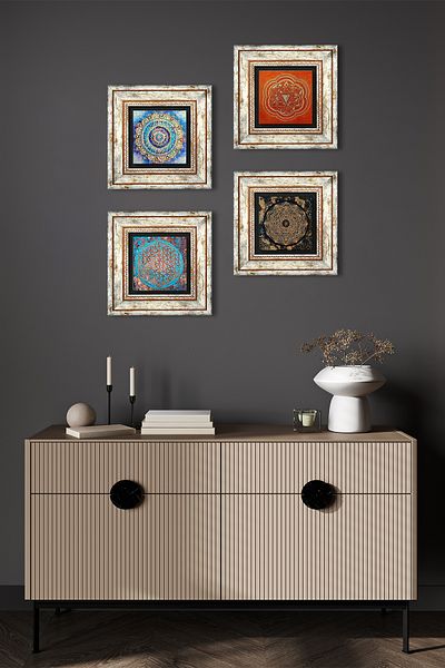 Pinecone Mandala, Floarea Vieții, Sri Yantra Pictură pe perete de piatră Decor de perete înrămat Set de 4 picturi Tk4-55
