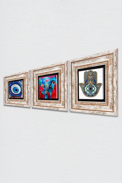 Pinecone Evil Eye, Elefant, Fatma Ana Hand (HAMSA) Pictură pe perete cu pietre, Decor de perete înrămat, Set de picturi din 3 piese
