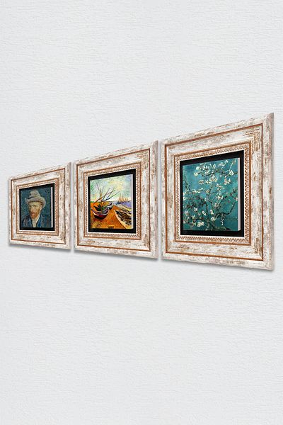 Pinecone Van Gogh Fisherman Boats, Αμυγδαλόξυλο, Αυτοπροσωπογραφία Πέτρινη Ζωγραφική Τοίχων Διακόσμηση τοίχου με κορνίζα 3 τεμάχια