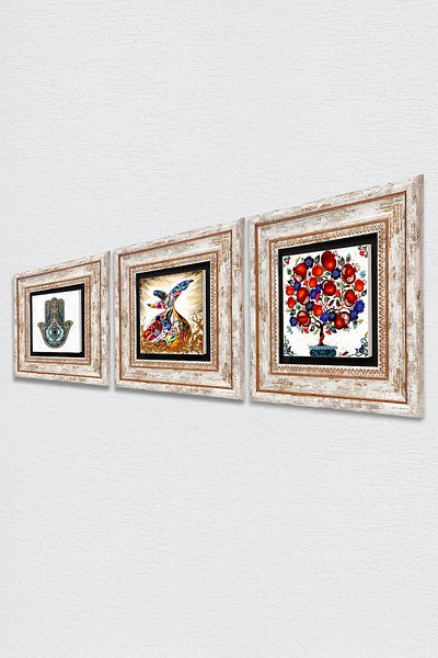 Pinecone Ρόδι, Ρόδι, Χεράκι της Φατμάς (χάμσα) Πέτρινη Ζωγραφική Τοίχου Κορνίζα Διακόσμηση Τοίχου 3 τεμαχίων Σετ Τέχνη τοίχου