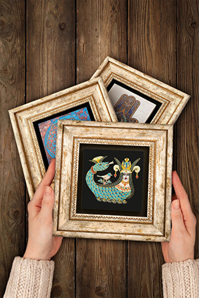 Pinecone Elefant, Şahmeran, Fatma Ana Hand (HAMSA) Pictură pe perete cu pietre Decoraţie de perete înrămată Set 3 piese Artă de perete