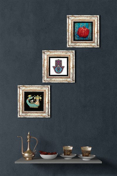 Pinecone Fatma Mother Hand (Hamsa), Shahmeran, Pomegranate Stone Wall Painting Framed Wall Decor 3 Piece Set Tk3-181