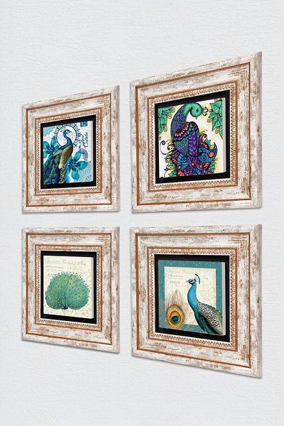 Pinecone Πέτρινη ζωγραφική τοίχου Peacock με κορνίζα Διακόσμηση τοίχου 4 τεμαχίων Σετ ζωγραφικής τοίχου