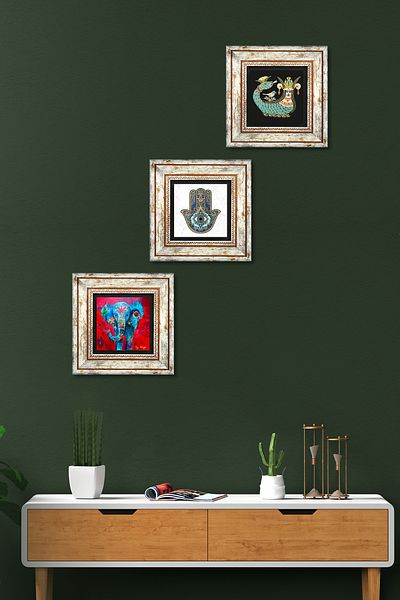 Pinecone Elefant, Şahmeran, Fatma Ana Hand (HAMSA) Pictură pe perete cu pietre Decoraţie de perete înrămată Set 3 piese Artă de perete