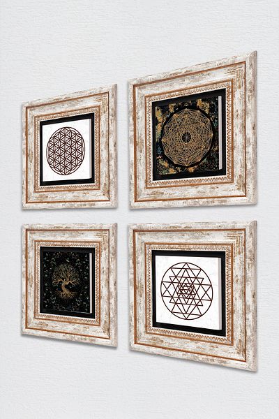 Pinecone Λουλούδι της ζωής, Sri Yantra, Tree of Life Πέτρινη Ζωγραφική Τοίχου Πλαίσιο Διακόσμηση Τοίχου 4 τεμαχίων Σετ Tk4-735