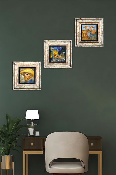 Pinecone Van Gogh Stone Wall Painting Framed Wall Decor 3 Piece Painting Set Wall Art Tk3-472