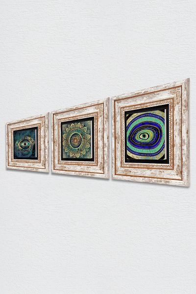 Pinecone Mandala, Piatra de ochi rău Pictură murală înrămată Decor de perete Set de pictură 3 piese Wall Art Tk3-64