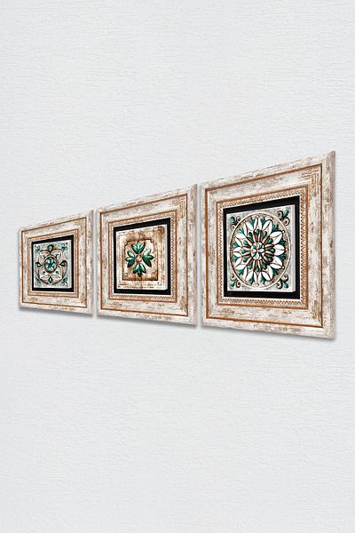 Pinecone Moroccan Patterned Vintage, Tile Art Stone Wall Painting Framed Wall Decor Set of 3 Painting Tk3-172