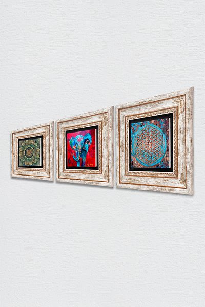 Pinecone Mandala, elefant, floarea vieții pictură pe perete din piatră, decor de perete înrămat, set de pictură din 3 piese