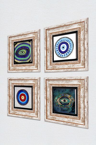 Pinecone Nazar Stone Wall Painting Πλαίσιο Διακόσμηση τοίχου 4 τεμαχίων Σετ ζωγραφικής Wall Art Tk4-45