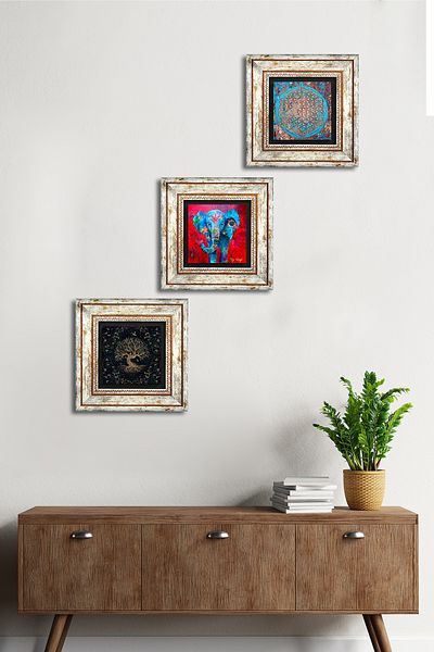 Pinecone Elephant, Flower of Life, Tree of Life Stone Wall Painting Framed Wall Decor 3 Piece Painting Set Tk3-157