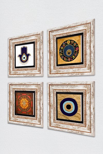 Pinecone Fatma Mother Hand (Hamsa), Sri Yantra, Nazar Stone Wall Painting Framed Wall Decor Set of 4 Tk4-1821