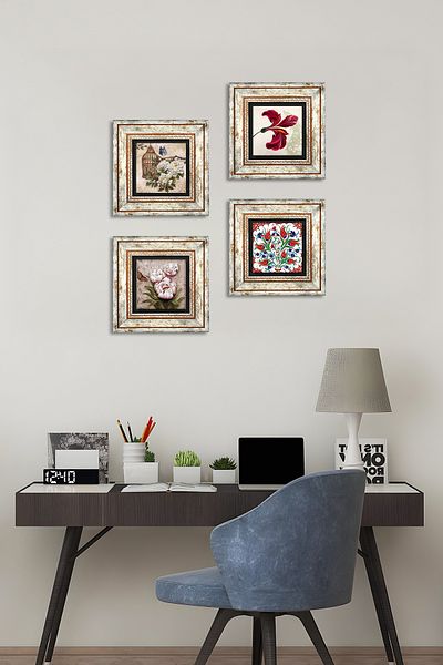 Pinecone Tulip, Butterfly Flower Stone Wall Painting Framed Wall Decor 4 Piece Painting Set Wall Art Tk4-121