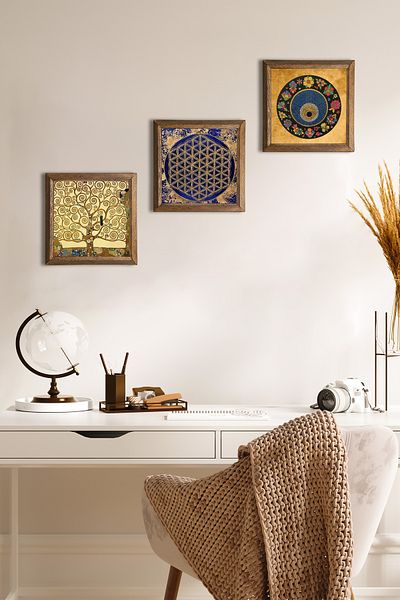Pinecone Flower of Life, Evil Eye Bead, Gustav Klimt Tree of Life Stone Wall Painting Wood Framed Wall Decor