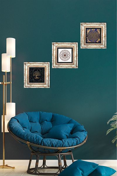 Pinecone Flower of Life, Tree of Life Stone Wall Painting Framed Wall Decor 3 Piece Painting Set Tk3-170
