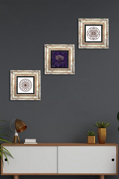 Pinecone Arborele vieții, Sri Yantra Stone Wall Painting Decor de perete înrămat Set de picturi din 3 piese Wall Art
