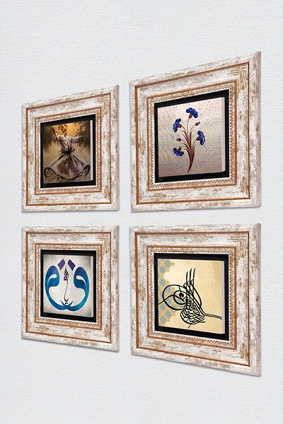 Pinecone Semazen, Ebru Art, Vav, Ottoman Tughra Pictură pe perete din piatră Decor de perete înrămat Set de 4 Artă de perete