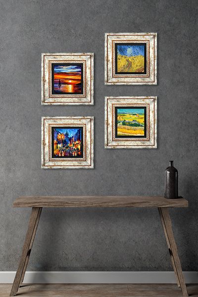 Pinecone Van Gogh, Sea Landscape, Street Landscape Stone Wall Painting Framed Wall Decor Set of 4 Tk4-1895