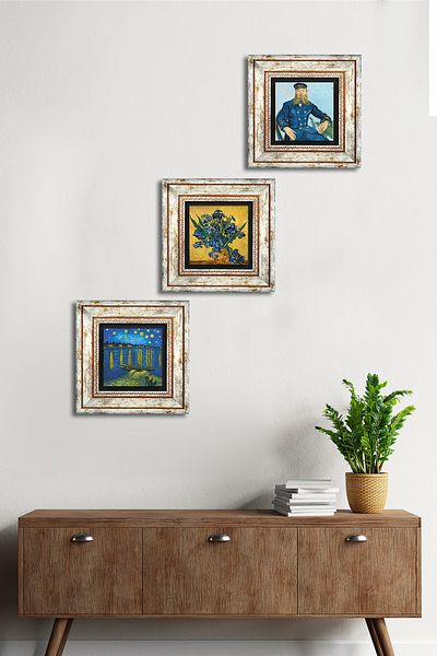 Pinecone Pictură pe perete cu piatră Van Gogh Decor de perete înrămat Set de pictură din 3 piese Artă de perete Tk3-514
