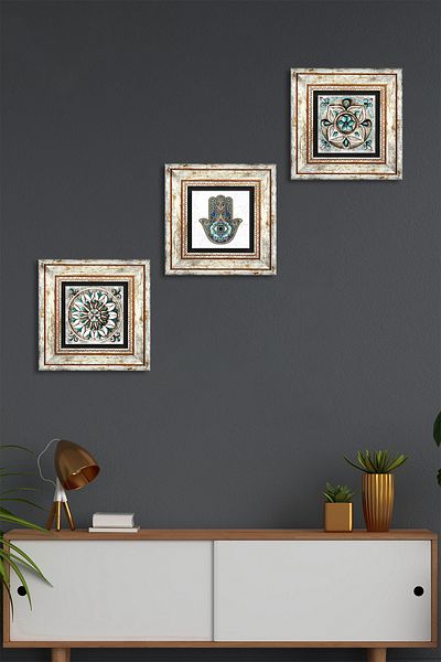 Pinecone Arta țiglei, Mâna Domnă Fatma (HAMSA) Pictură pe perete din piatră Decor de perete înrămat Set de picturi din 3 piese Tk3-21