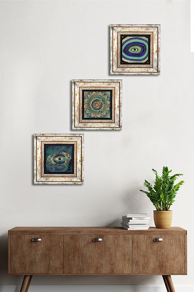 Pinecone Mandala, Piatra de ochi rău Pictură murală înrămată Decor de perete Set de pictură 3 piese Wall Art Tk3-64