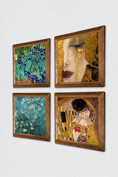 Pinecone Van Gogh, Gustav Klimt Πέτρινη Ζωγραφική Τοίχων Ξύλινο Πλαίσιο Διακόσμηση Τοίχου 4 τεμαχίων Σετ ζωγραφικής W4-677