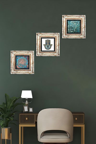 Pinecone Flower of Life, Van Gogh Almond Tree, Fatma Mother Hand (Hamsa) Stone Wall Painting Framed Wall Decor