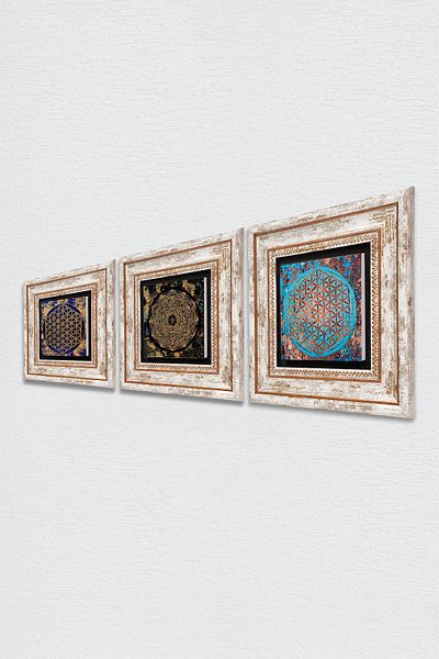 Pinecone Sri Yantra, Flower of Life Πέτρινη Ζωγραφική Τοίχων Πλαίσιο Διακόσμηση Τοίχων 3 τεμαχίων Σετ ζωγραφικής Wall Art