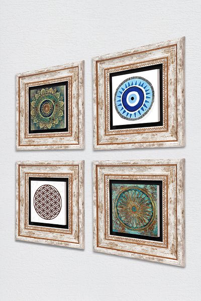Pinecone Evil Eye, Mandala, Flower of Life Stone Wall Painting Framed Wall Decor 4 Piece Painting Set Tk4-1002