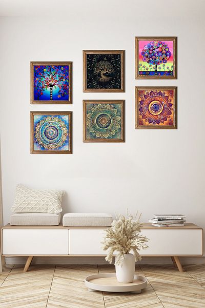 Pinecone Mandala, Tree of Life Stone Wall Painting Wooden Framed Wall Decor 6 Piece Painting Set Wall Art