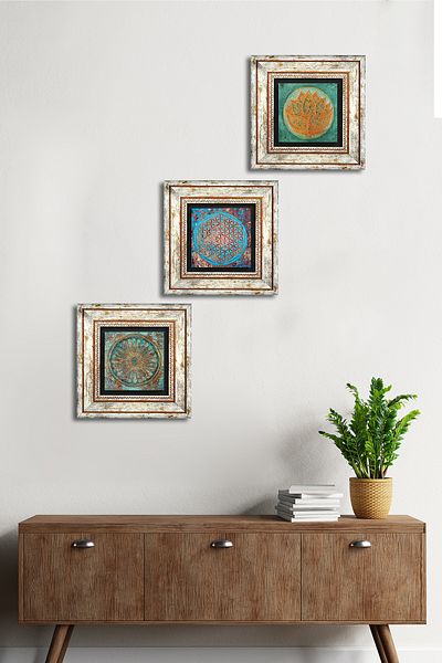 Pinecone Λουλούδι Lotus, Flower of Life Stone Wall Painting Πλαίσιο Διακόσμηση τοίχου 3 τεμαχίων Σετ ζωγραφικής Tk3-41