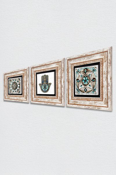 Pinecone Arta țiglei, Mâna Domnă Fatma (HAMSA) Pictură pe perete din piatră Decor de perete înrămat Set de picturi din 3 piese Tk3-21