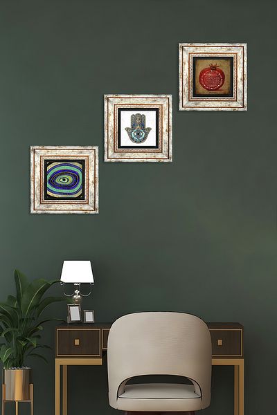 Pinecone Evil Eye, Prayer for Fertility, Fatma Mother Hand (Hamsa) Stone Wall Painting Framed Wall Decor Set of 3 Paintings
