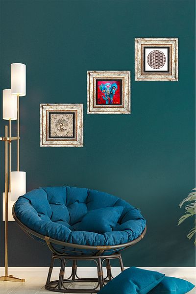 Pinecone Elefant, Floarea Vieții, Arborele Vieții Pictură pe perete din piatră Decor de perete înrămat Set de pictură 3 piese Tk3-125