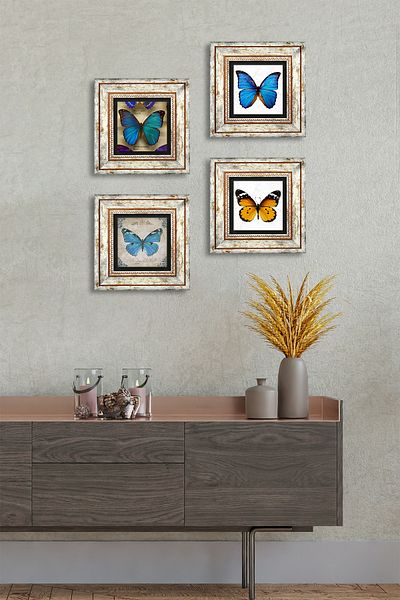 Pinecone Pictură pe perete cu piatră de fluture Decor de perete înrămat Set de pictură din 4 piese Artă de perete