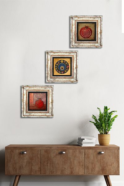 Pinecone Evil Eye Bead, Pomegranate, Prayer of Fertility Stone Wall Painting Framed Wall Decor Set of 3 Painting Wall Art