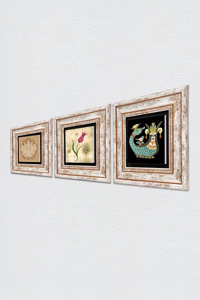Pinecone Floarea Lotusului, Artă de marmură de lalele, Pictură pe perete din piatră Shahmeran Set de 3 decorațiuni de perete înrămate Tk3-669