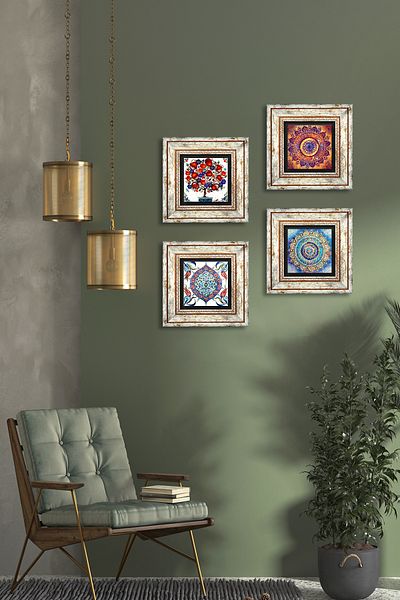 Pinecone Mandala, Artă din plăci, Pictură pe perete din piatră de pom de rodie Decor de perete înrămat Set de pictură din 4 piese Artă de perete